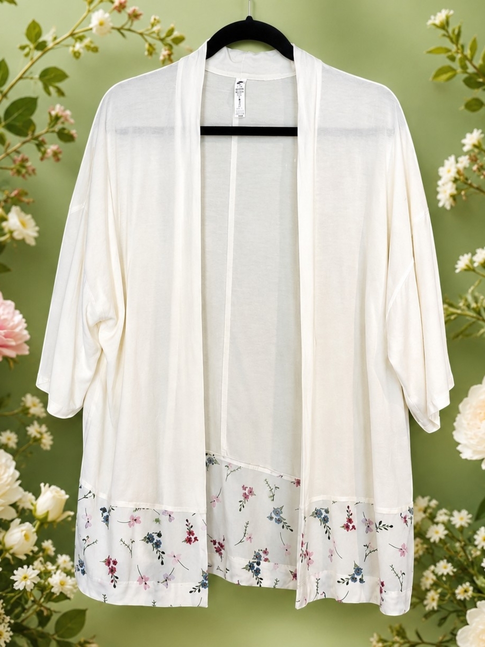 Light Cream Floral Hem Open Cardigan